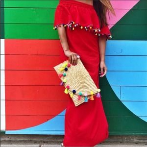 Rainbow Pom Pom Straw Fringe Clutch NEW